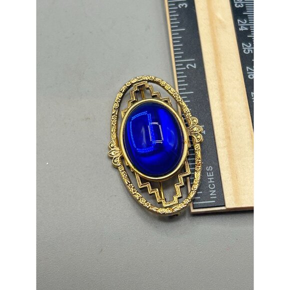 Art Deco Design Blue Cabochon Pin Brooch Gold Tone Geometric Elegant Design - Picture 5 of 5